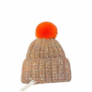 Anthropologie NWTS Orange/brown Pom Pom Beanie Hat Winter Ribbed Wool Chunky